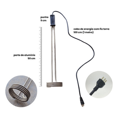 Ebulidor Aquecedor de Água Elétrico 3000W 220V, 52 cm, Alumínio – Grande