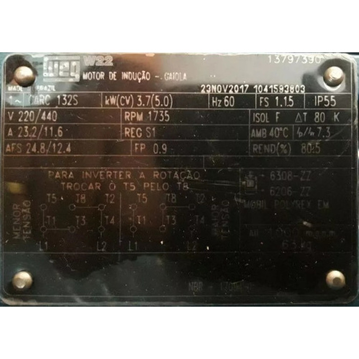 Motor Monofásico Weg 5 Cv Baixa Rotação Blindado 220/440v
